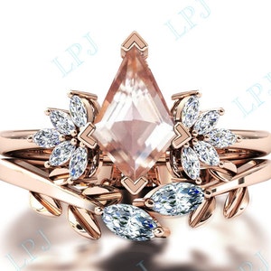 Kite Shaped Morganite Engagement Ring Set 14k Gold Morganite Art Deco Wedding Ring Set Kite Cut Bridal Ring Set Morganite Promise Ring Set