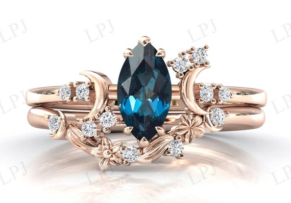 Moon Of My Life London Blue Topaz Engagement Ring Set Marquise Cut Blue Topaz Wedding Ring Set Art Deco Floral Leaf Ring Set Gift For Women