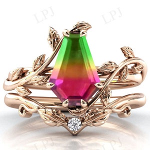Watermelon Tourmaline Engagement Ring Set For Women Vintage Coffin Shaped Multi Color Tourmaline Wedding Ring Set Leaf Style Ring Set
