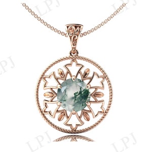 Vintage Moss Agate Pendant For Women Art Deco Wedding Necklace Rose Gold Pendant Green Moss Agate Necklace Anniversary Gift For Women