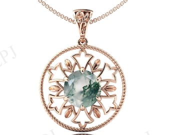 Vintage Moss Agate Pendant For Women Art Deco Wedding Necklace Rose Gold Pendant Green Moss Agate Necklace Anniversary Gift For Women