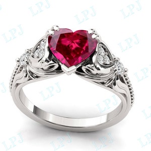 Heart Shape Ruby Engagement Ring for Women Art Deco Ruby Bridal Ring ...