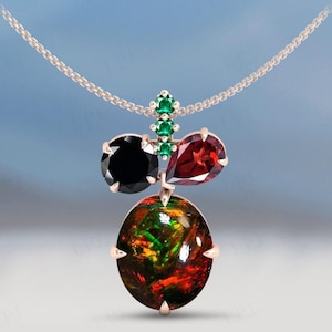 Unique Black Opal Pendant For Women Rose Gold Wedding Pendant Antique Multi Gemstone Pendant Vintage Black Opal Bridal Pendant Gift For Her