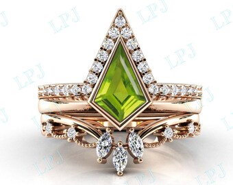 Kite Shaped Peridot Engagement Ring Set 14k Gold Peridot Wedding Ring Set Kite Peridot Bridal Anniversary Ring Set 3 Piece Peridot Ring Set