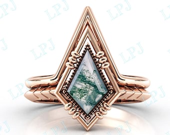 Conjunto de anillos de compromiso de ágata de musgo en forma de cometa antigua para mujeres Juego de anillos de boda de ágata de musgo con corte de cometa Regalo de aniversario único Juego de anillos de 2 piezas