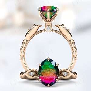 Watermelon Tourmaline Engagement Ring Art Deco Wedding Ring 14k Gold Multi Color Tourmaline Bridal Ring Unique Promise Ring Gift For Women