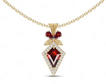 Antique Garnet Pendant For Women 925 Silver Garnet Leaf Style Pendant Unique Garnet Wedding Necklace Vintage Kite Shape Pendant Gift For Her