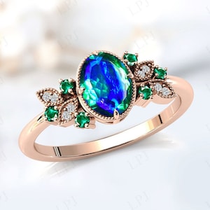 Unique Peacock Quartz Engagement Ring For Women Antique Wedding Ring Art Deco Bio Color Gemstone Ring Oval Shaped Peacock Quartz Bridal Ring