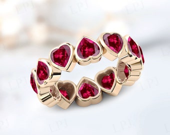 Heart Shaped Ruby Engagement Band For Women 14k Gold Ruby Wedding Band Bezel Set Ruby Full Eternity Band Unique Promise Band Gift For Women