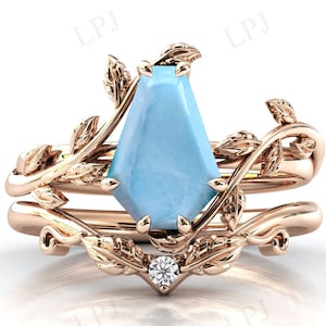 Art Deco Leaf Larimar Engagement Ring Set For Women Antique Larimar Wedding Ring Set 14k Gold Larimar Bridal Promise Ring Set Gift For Her