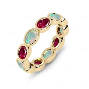 Fire Opal Eternity Engagement Band For Women 14K Gold Ruby Art Deco Bridal Band Unique East West Style Band Oval Shaped Opal Wedding Band