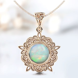 Art Deco Filigree Design Opal Pendant For Women Rose Gold Opal Wedding Pendant Vintage Milgrain Style Necklace Unique Opal Gemstone Pendant