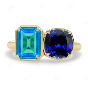 Peacock Quartz Gemstone Ring For Women Cushion Cut Blue Sapphire Engagement Ring Art Deco Multi Gemstone Ring Unique Wedding Ring For Her
