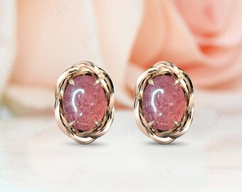 Strawberry Quartz Earrings For Women Vintage Stud Earrings Rose Gold Earrings Unique Handmade Earrings Antique Wedding Earrings For Her