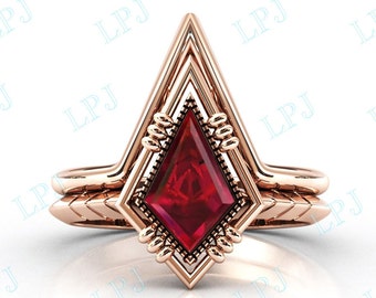 Kite Shaped Red Ruby Wedding Ring Set Rose Gold Ruby Engagement Ring Set Antique Kite Shape Ruby Bridal Anniversary Promise Ring Set For Her