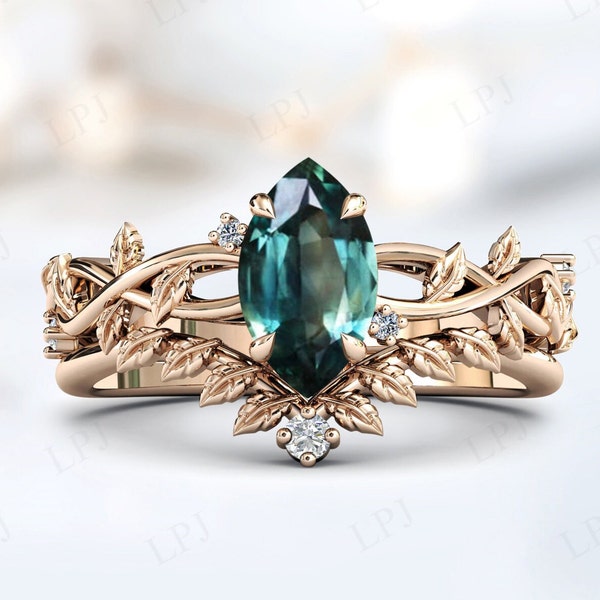 Color Changing Teal Sapphire Wedding Ring Set Unique Leaf Style Ring Set Marquise Cut Sapphire Engagement Ring Set Art Deco Bridal Ring Set