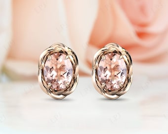 Oval Morganit Ohrringe für Frauen 14k Gold Morganit Ohrstecker Vintage Style Ohrringe Einzigartige handgemachte Ohrringe Geschenk für Frauen