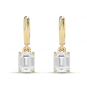 Emerald Cut White Topaz Earrings For Women 14k Gold White Topaz Wedding Earrings Unique Huggie Hoop Earrings 925 Silver Handmade Earrings