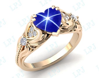 Anillo de bodas con zafiro estrella azul, anillo de compromiso con estrella azul en forma de corazón, anillo nupcial con estrella azul en oro rosa de 14 k, anillo de promesa de aniversario único