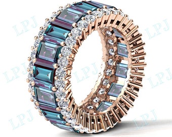 ALexandrite Engagement Band Women Rose Gold Eternity Band Emerald Cut Alexandrite Wedding Band Full Eternity Bridal Band Anniversary Gift