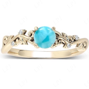Minimalist Larimar Engagement Ring For Women Unique Leaf Style Larimar Ring 14k Gold Larimar Wedding Ring Art Deco Bridal Anniversary Ring