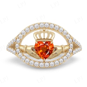 Orange Sapphire Wedding Ring For Women Art Deco Halo Style Engagement Ring Antique Orange Sapphire Claddagh Bridal Ring Unique Promise Ring