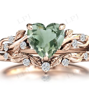 Green Amethyst Wedding Ring Set For Women Art Deco Amethyst Heart Shaped Gemstone Ring Set Antique Vine Leaf Style Ring Set Anniversary Gift
