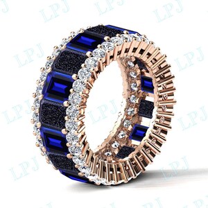 Galaxy Blue Sandstone Wedding Band Art Deco Full Eternity Band Vintage Multi Gemstone Band 14k Rose Gold Blue Sapphire Eternity Bridal Band