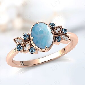 Oval Shaped Larimar Engagement Ring For Women 14k Gold Larimar Wedding Ring Unique Bridal Anniversary Promise Ring Vintage Art Deco Ring