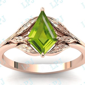 Unique Kite Shaped Peridot Bridal Ring 14k Rose Gold Peridot Leaf Engagement Ring For Women Art Deco Wedding Ring Antique Anniversary Ring