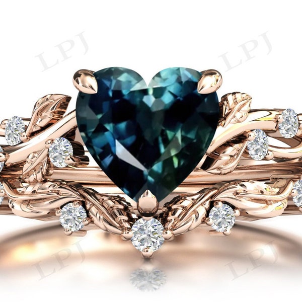 Color Changing Teal Sapphire Wedding Ring Set For Women 14k Gold Teal Sapphire Heart Shaped Engagement Ring Set Antique Leaf Style Ring Set