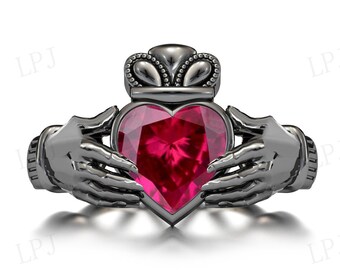 Herzförmiger Rubin Verlobungsring 925 Silber Claddagh Stil Ring Art Deco Hochzeit 2 teiliger Ring Einzigartiger Vorschlag Ring für Frauen Jahrestag Geschenk