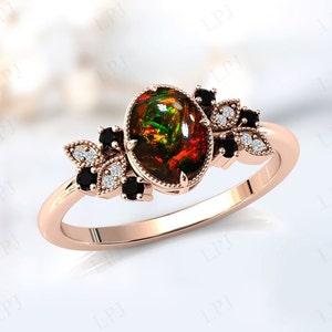 Art Deco Black Opal Engagement Ring For Women Vintage Black Opal Bridal Ring 14k Rose Gold Black Opal Wedding Ring Antique Engagement Ring
