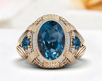 One Of A Kind - London Blue Topaz Ring For Men 14k Gold Blue Topaz Unique Signet Ring Art Deco Engagement Ring Vintage Men Ring Gift For Him