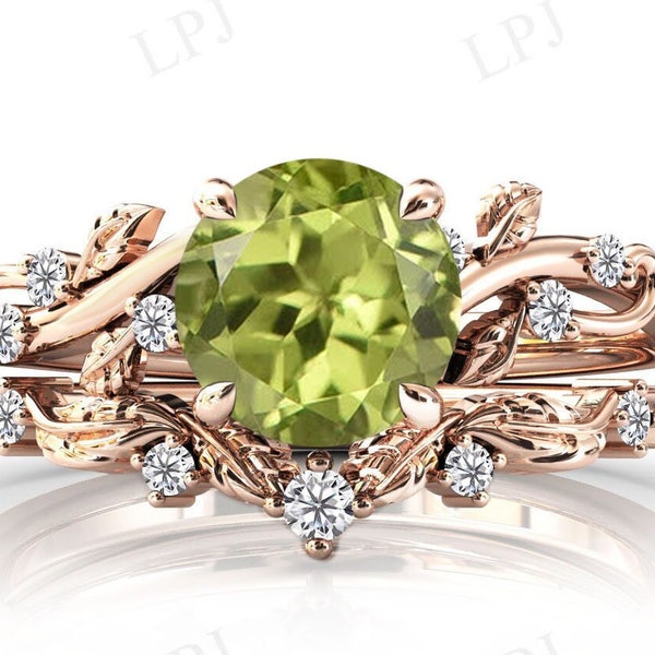 Vintage Peridot Engagement Ring Set 14k Rose Gold Peridot Art Deco Wedding Ring Set For Women Vine Leaf Ring Set Antique Bridal Ring Set