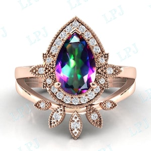 Unique Mystic Topaz Engagement Ring Set 14k Gold Vintage Mystic Topaz Wedding Ring Art Deco Bridal Ring Antique Anniversary Ring For Women