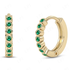 Minimalist Emerald Earrings For Women 14k Gold Emerald Huggies Hoop Earrings Green Gemstone Tiny Earrings Art Deco Dainty Wedding Earrings