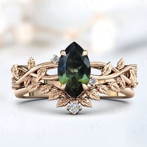 Antique Moldavite Wedding Ring Set For Her Vintage Bridal Anniversary Ring Set Unique Leaf Style Engagement Ring Set Green Gemstone Ring Set