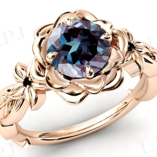 Art Deco Alexandrite Lotus Engagement Ring Antique Flower Wedding Ring 14k Gold Alexandrite Lotus Leaf Bridal Ring Unique Anniversary Ring