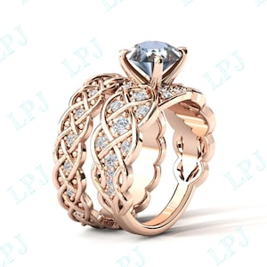 Vintage Aquamarine Engagement Ring Set Rose Gold Aquamarine Wedding Ring Set For Women Infinity Style Aquamarine Bridal Anniversary Ring Set