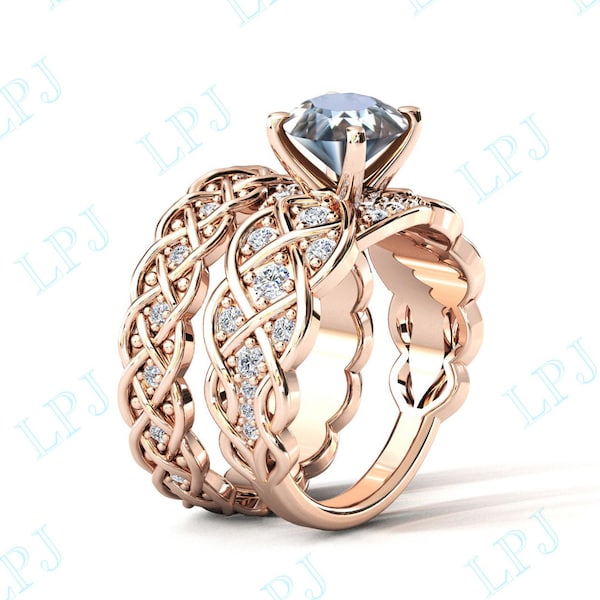 Vintage Aquamarine Engagement Ring Set Rose Gold Aquamarine Wedding Ring Set For Women Infinity Style Aquamarine Bridal Anniversary Ring Set