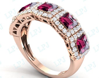 Raspberry Rhodolite Garnet Engagement Band Sterling Silver Rhodolite Garnet Wedding Band Half Eternity Band Anniversary Promise Ring For Her