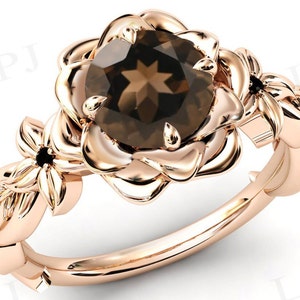 Art Deco Smoky Quartz Floral Wedding Ring 925 Silver Smoky Quartz Engagement Ring Vintage Lotus Leaf Ring Unique Anniversary Gift For Women