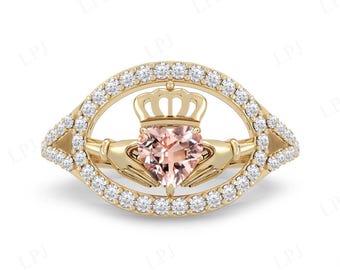 Heart Shaped Morganite Engagement Ring For Women Art Deco Claddagh Wedding Ring Antique Morganite Gemstone Bridal Ring Unique Claddagh Ring