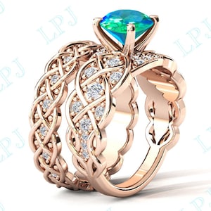 Infinity Style Peacock Quartz Engagement Ring Set Vintage Wedding Ring Set Peacock Quartz Gemstone Ring Set Art Deco Bridal Promise Ring Set