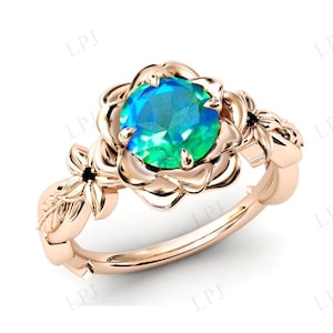 Vintage Peacock Quartz Engagement Ring For Women Antique Lotus Wedding Ring Unique Peacock Quartz Gemstone Ring 14k Gold Flower Bridal Ring