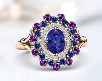 Art Deco Oval Shaped Tanzanite Engagement Ring Vintage Tanzanite Cocktail Ring Unique Multi Gemstone Wedding Ring 14k Gold Tanzanite Ring