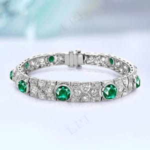 Vintage Emerald Bracelet For Women 14k Gold Emerald Wedding Bracelet Art Deco Tennis Bracelet Statement Bracelet Unique Anniversary Gift