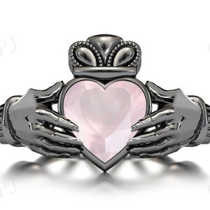 Rose Quartz Engagement Ring For Women Antique Claddagh Wedding Ring Art Deco Rose Quartz Heart Shaped Bridal Ring Anniversary Gift For Women
