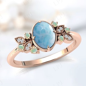Antique Larimar Engagement Ring For Women Vintage Larimar Wedding Ring 14k Gold Larimar Bridal Ring Unique Larimar Gemstone Ring For Women